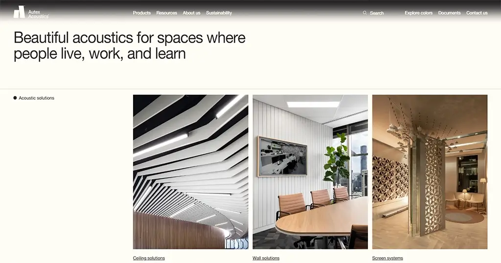 Autex Acoustics presents past projects with a black and white theme