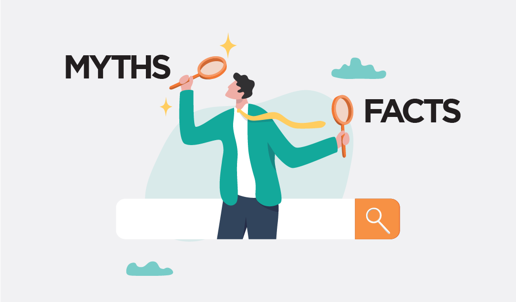 Graphic figure of man holding magnifying glasses with 'Myths' and 'Facts,' symbolising the process of separating SEO myths from facts